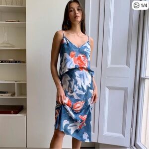 Aritzia Floral Blue Midi Slip Set (skirt and top) with Coral Accents